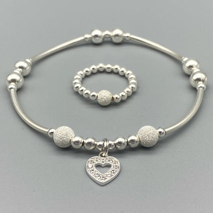 Diamond heart charm sterling silver women's stacking bracelet & stack ring set by My Silver Wish