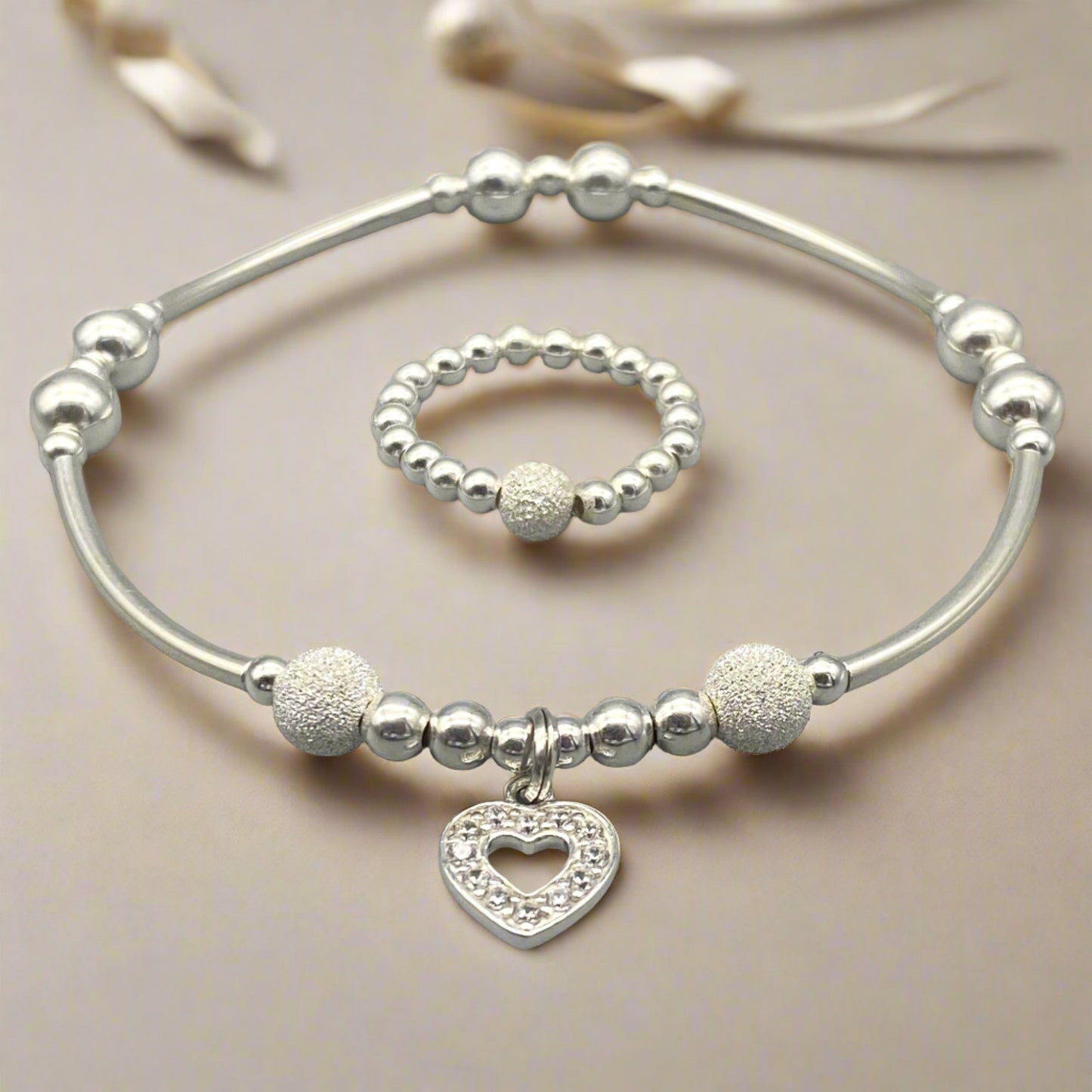 Diamond heart charm sterling silver women's stacking bracelet & stack ring set by My Silver Wish