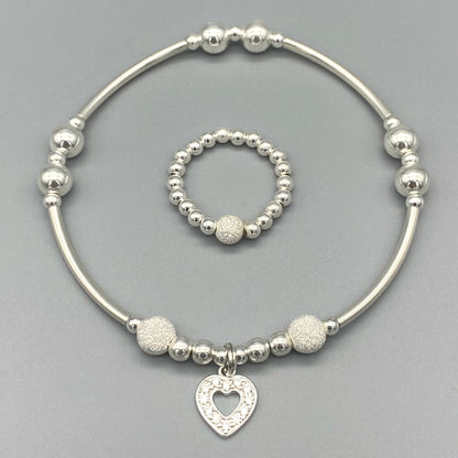 Diamond heart charm sterling silver women's stacking bracelet & stack ring set by My Silver Wish
