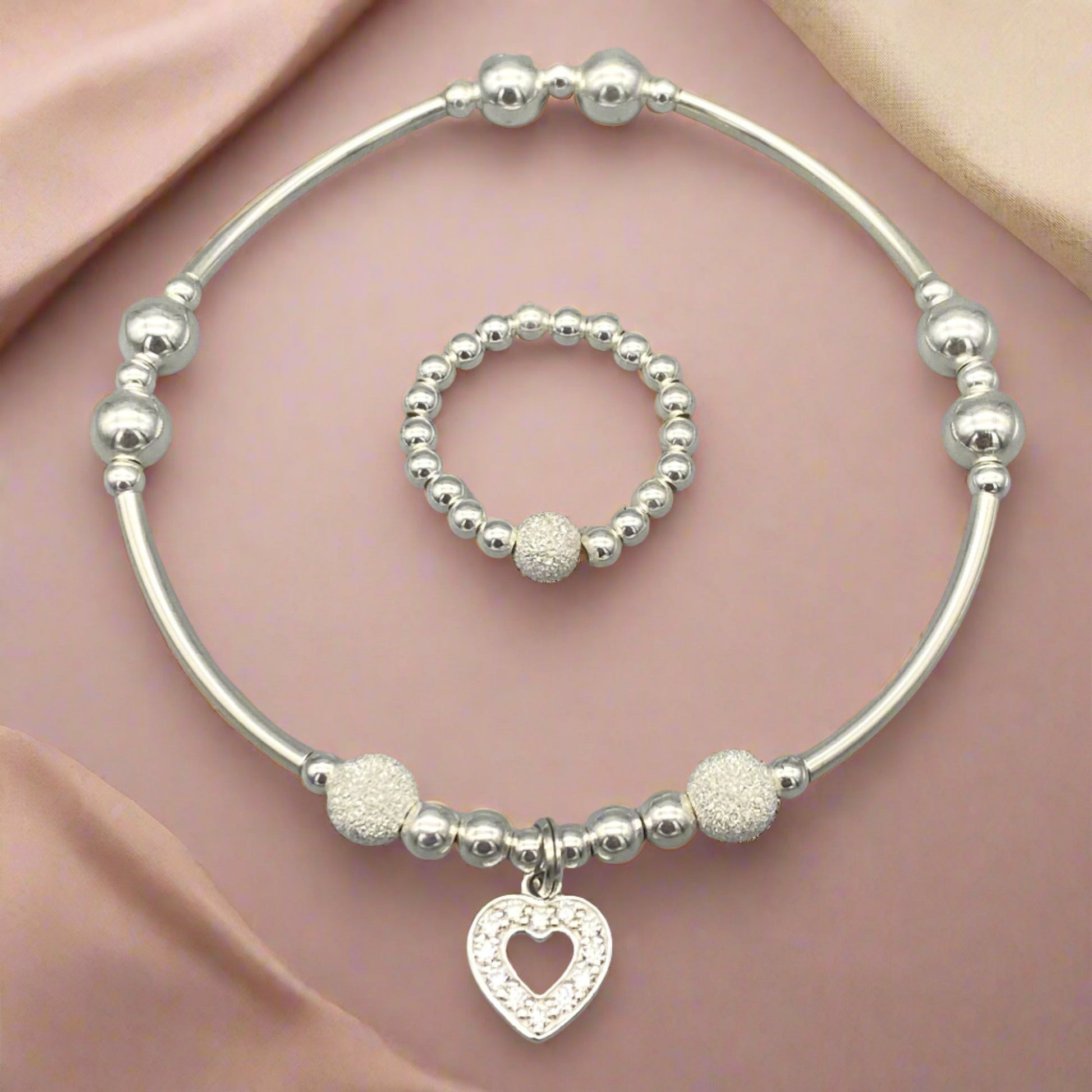 Diamond heart charm sterling silver women's stacking bracelet & stack ring set by My Silver Wish