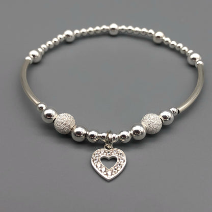Diamond heart charm starburst beads sterling silver hand-made girl's stacking bracelet by My Silver Wish