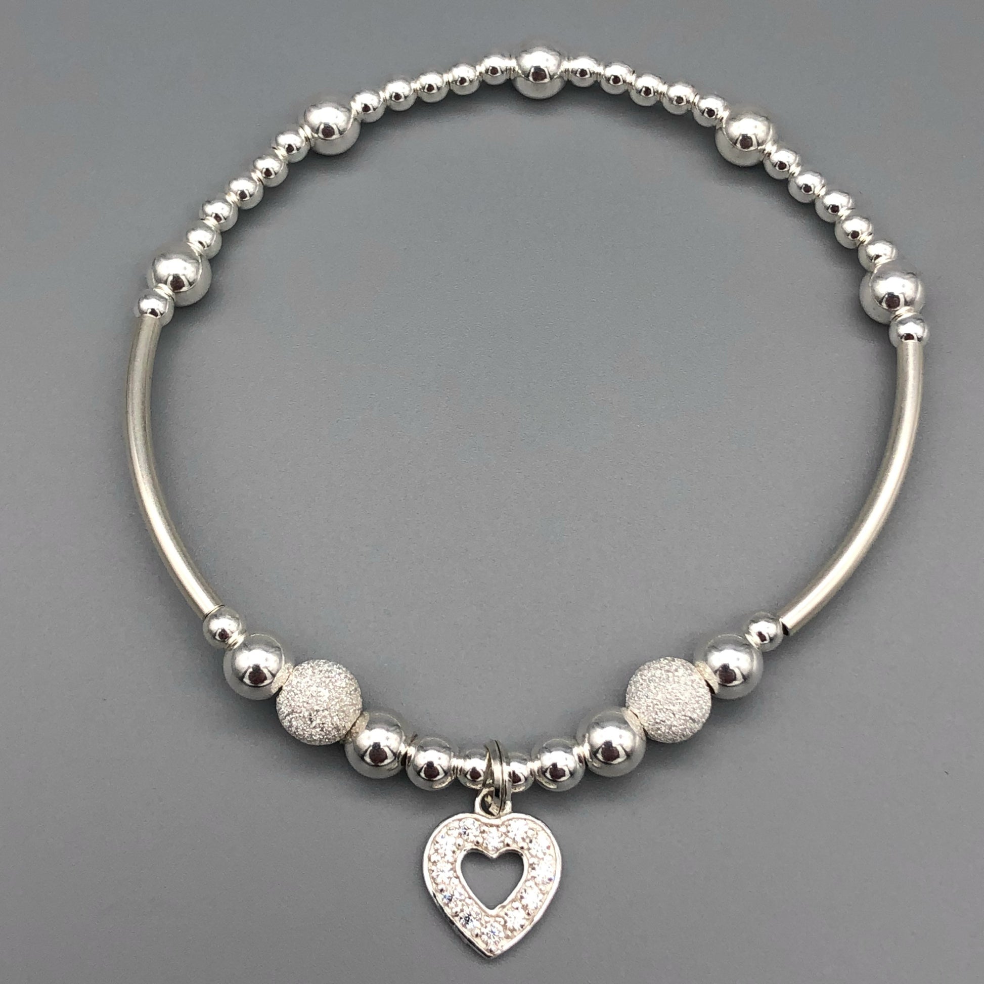 Diamond heart charm starburst beads sterling silver hand-made girl's stacking bracelet by My Silver Wish