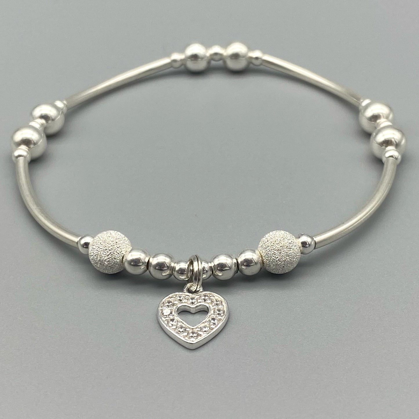 Diamond heart charm sterling silver hand-made women's stacking bracelet by My Silver Wish