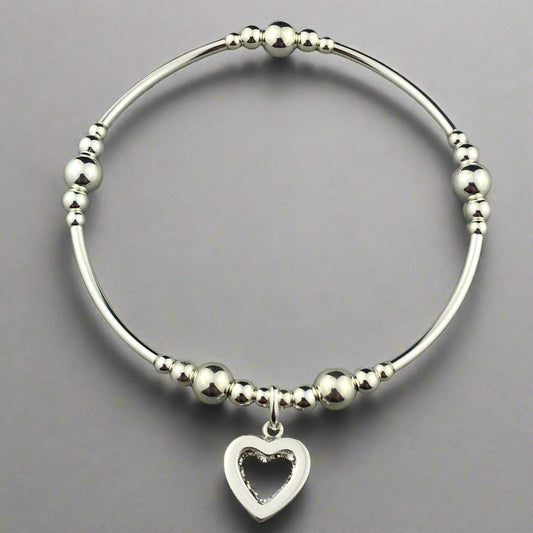 Crystal heart charm sterling silver hand-made girls stacking bracelet