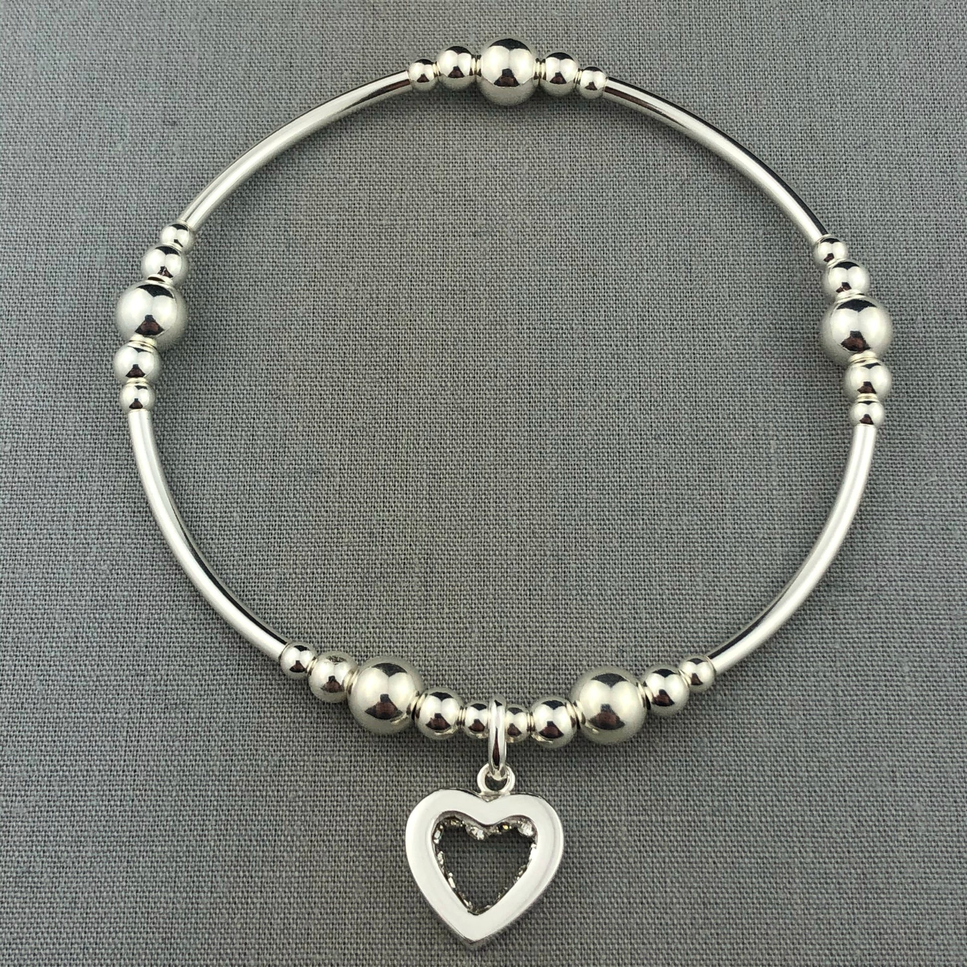 Crystal heart charm sterling silver stacking charm bracelet by My Silver Wish