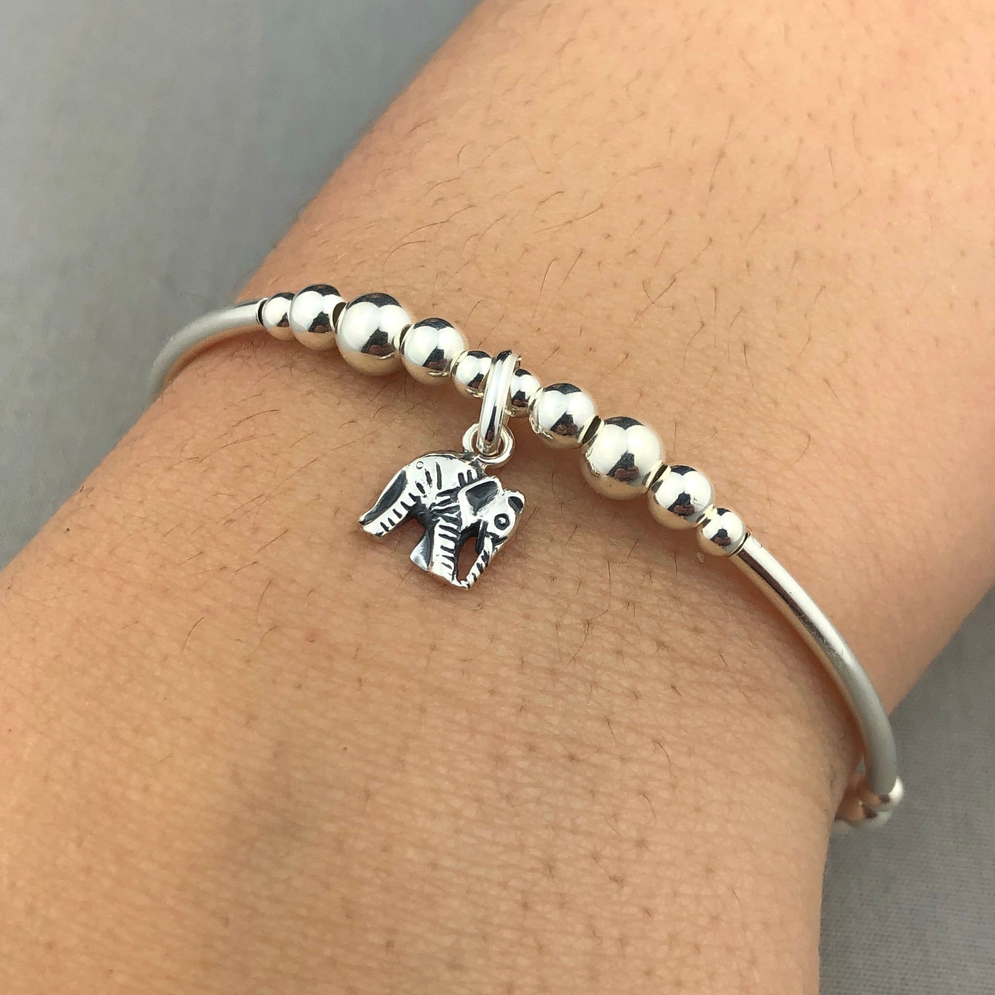 Closeup of Elephant Charm Children's Sterling Silver Stacking Bracelet
