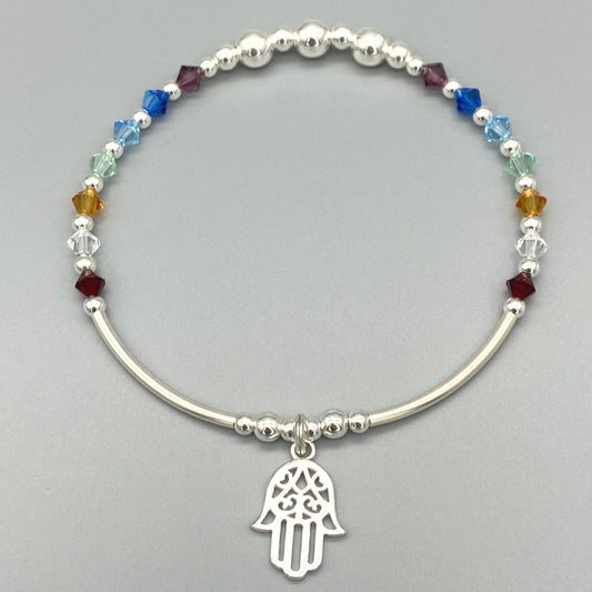 Hamsa hand charm chakra crystal sterling silver stacking bracelet for her by My Silver Wish