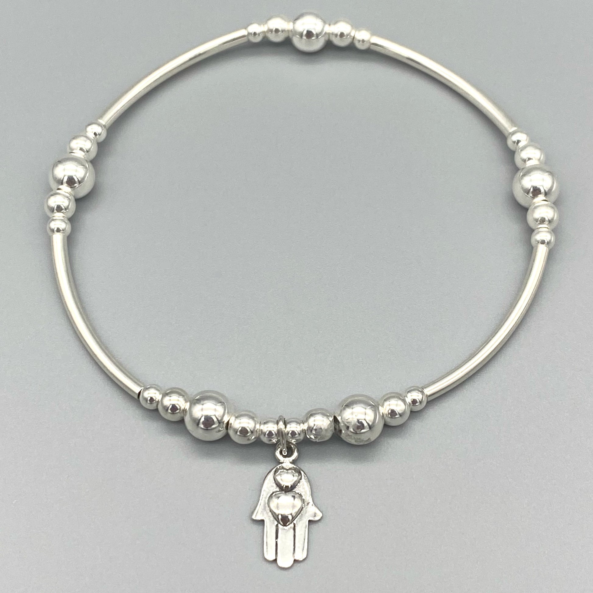 Hamsa hand hearts charm sterling silver stacking bracelet for her by My Silver Wish