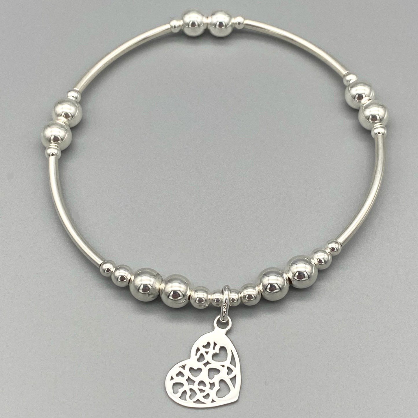Heart charm filigree sterling silver hand-made women's stacking bracelet by My Silver Wish