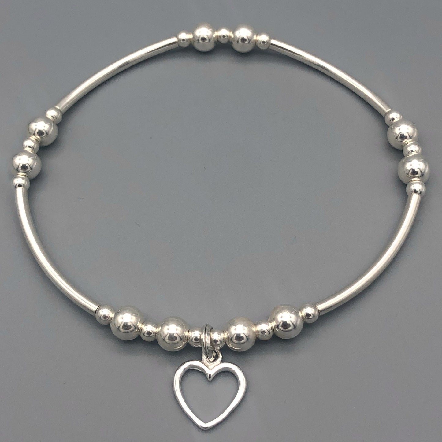 Delicate open heart charm sterling silver hand-made women's stacking bracelet by My Silver Wish