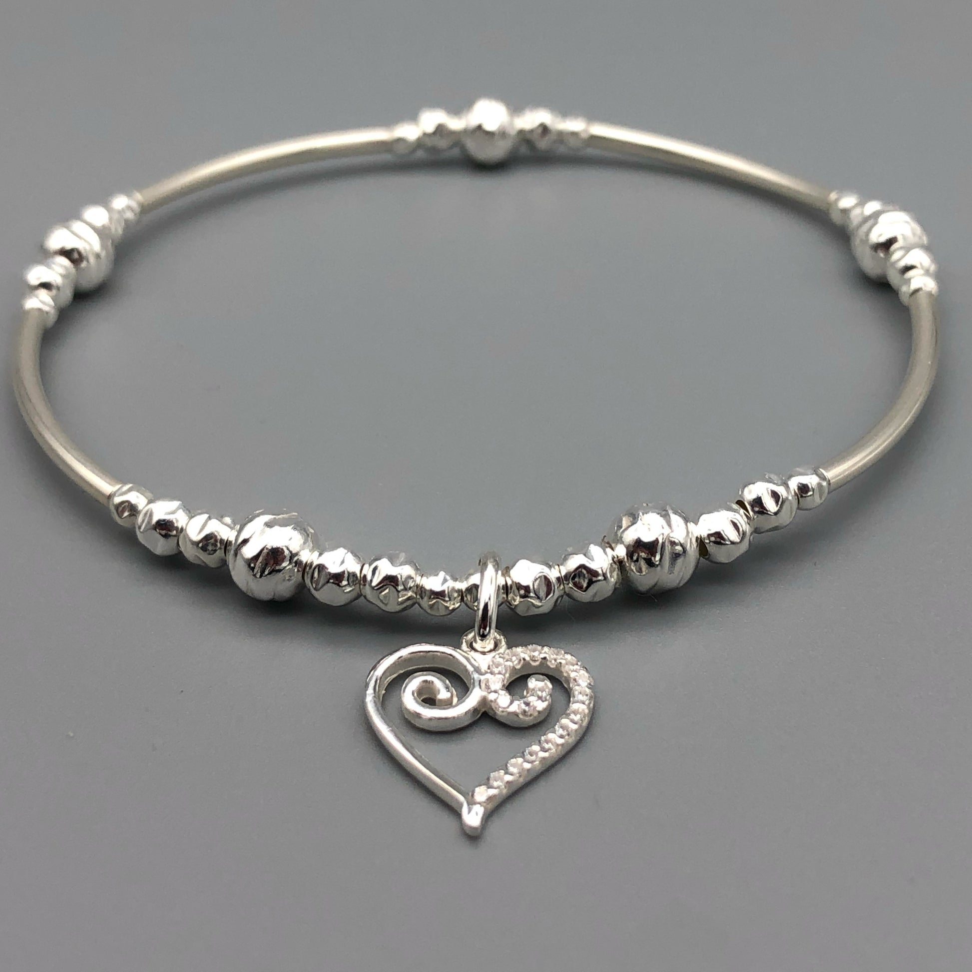 Scroll heart charm sterling silver hand-made women's stacking bracelet by My Silver Wish