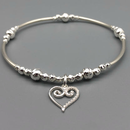 Scroll heart charm sterling silver hand-made women's stacking bracelet by My Silver Wish