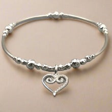 Scroll heart charm sterling silver hand-made women's stacking bracelet by My Silver Wish