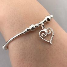 Scroll heart charm sterling silver hand-made women's stacking bracelet and earring gift set