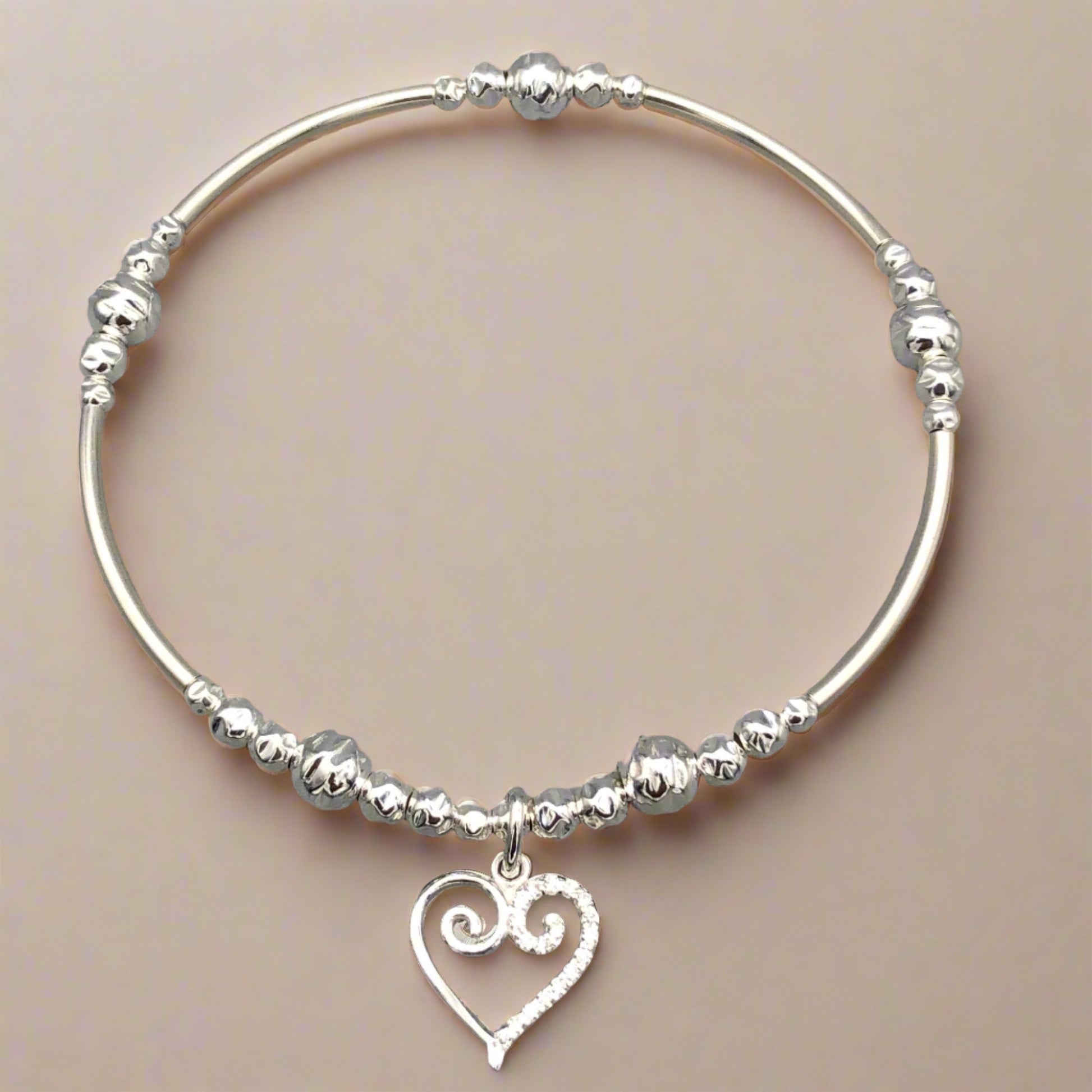 Scroll heart charm sterling silver hand-made women's stacking bracelet by My Silver Wish