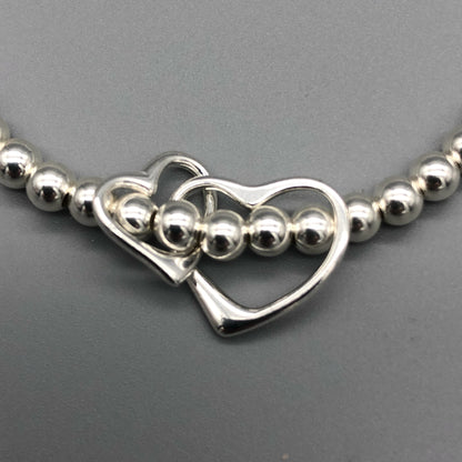 Interlinked open heart charm sterling silver hand-made women's stacking bracelet