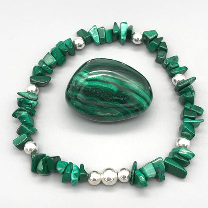 Malachite healing crystal & sterling silver women's stacking bracelet by My Silver Wish
