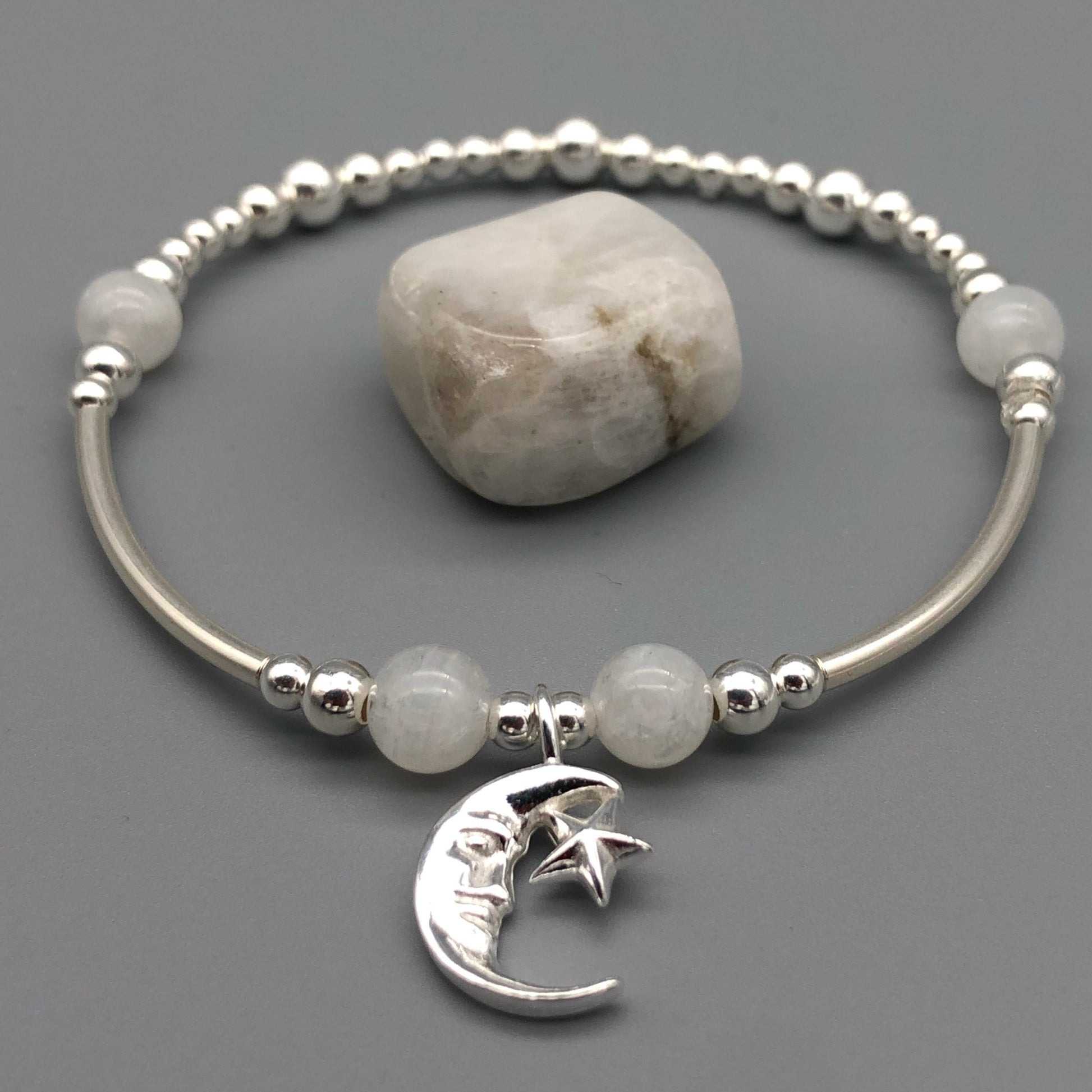 Moon & star charm & moonstone women's sterling silver stacking bracelet by My Silver Wish