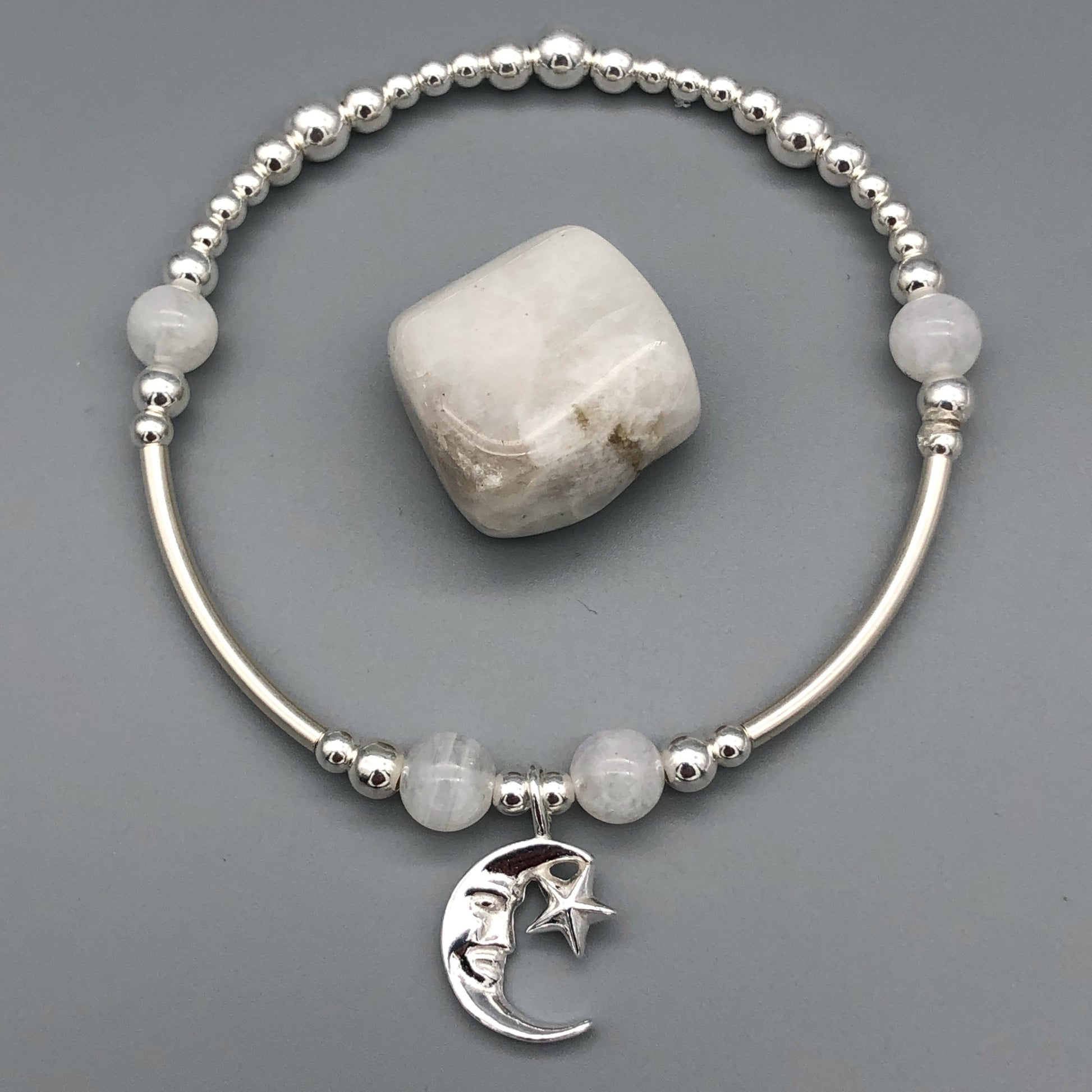 Moon & star charm & moonstone women's sterling silver stacking bracelet by My Silver Wish