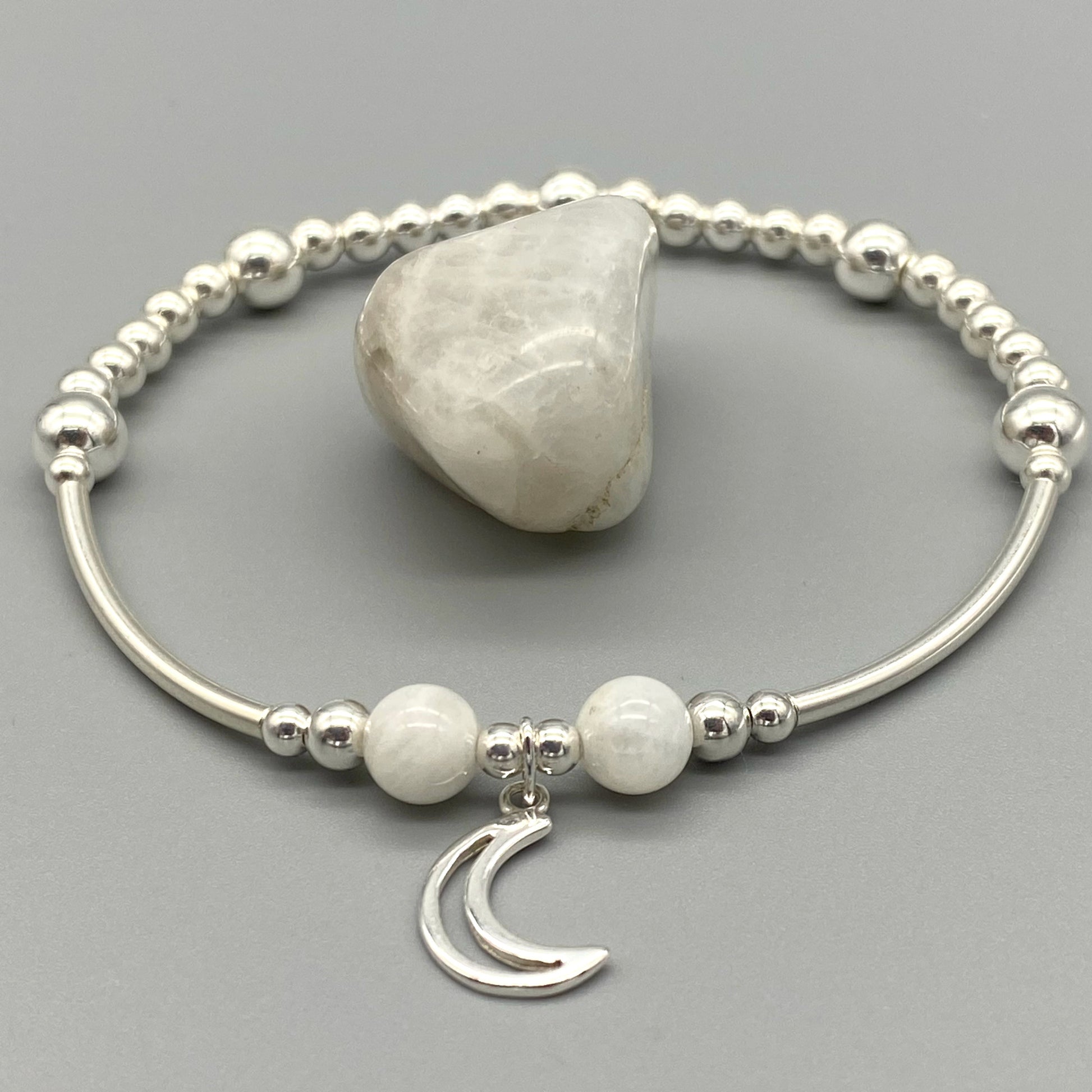 Crescent Moon charm Moonstone healing crystal & sterling silver stack bracelet by My Silver Wish
