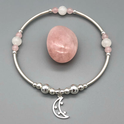 Moon & Stars Charm Women's Moonstone Rose Quartz Silver Stacking Bracelet by My Silver Wish