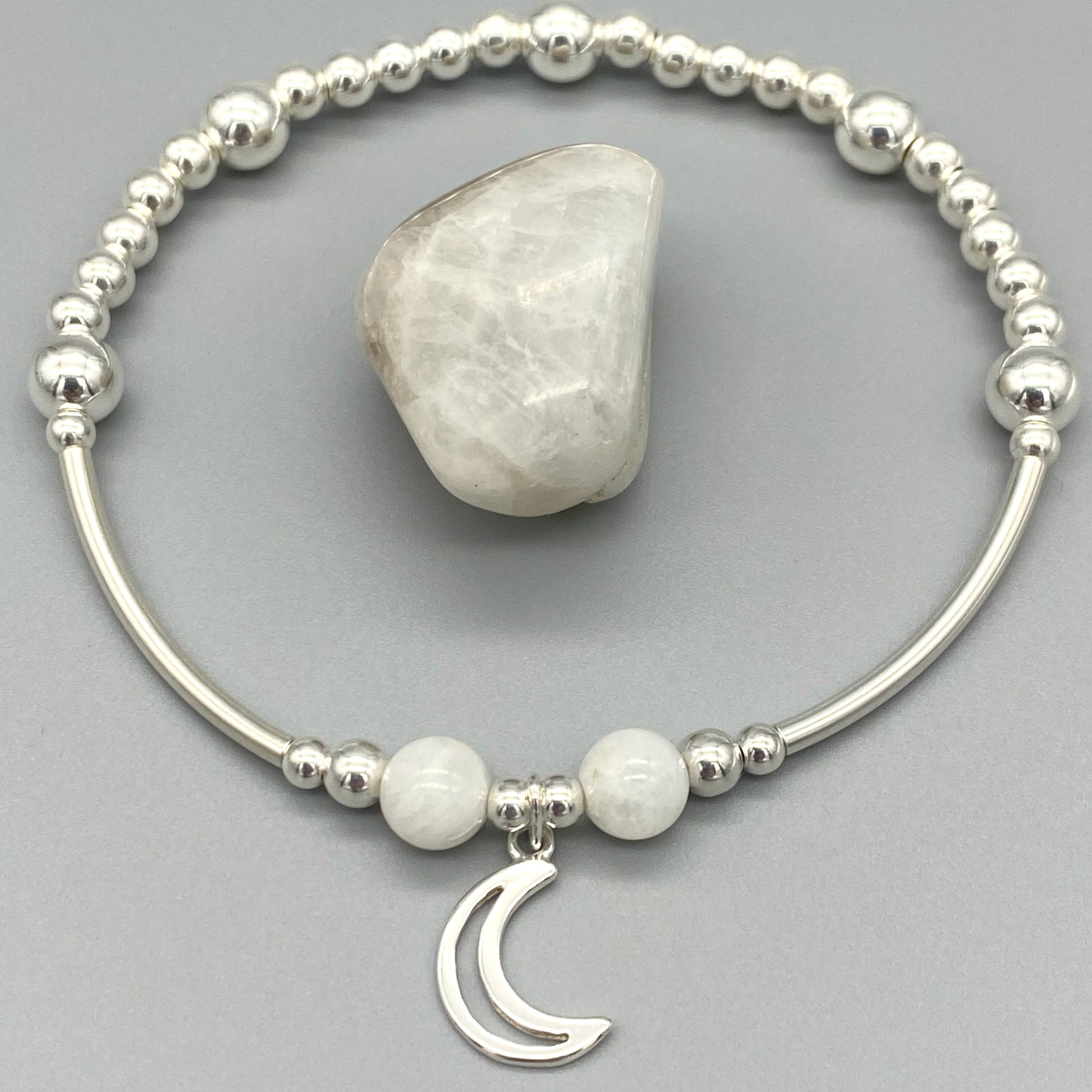 Crescent Moon charm Moonstone healing crystal & sterling silver stack bracelet