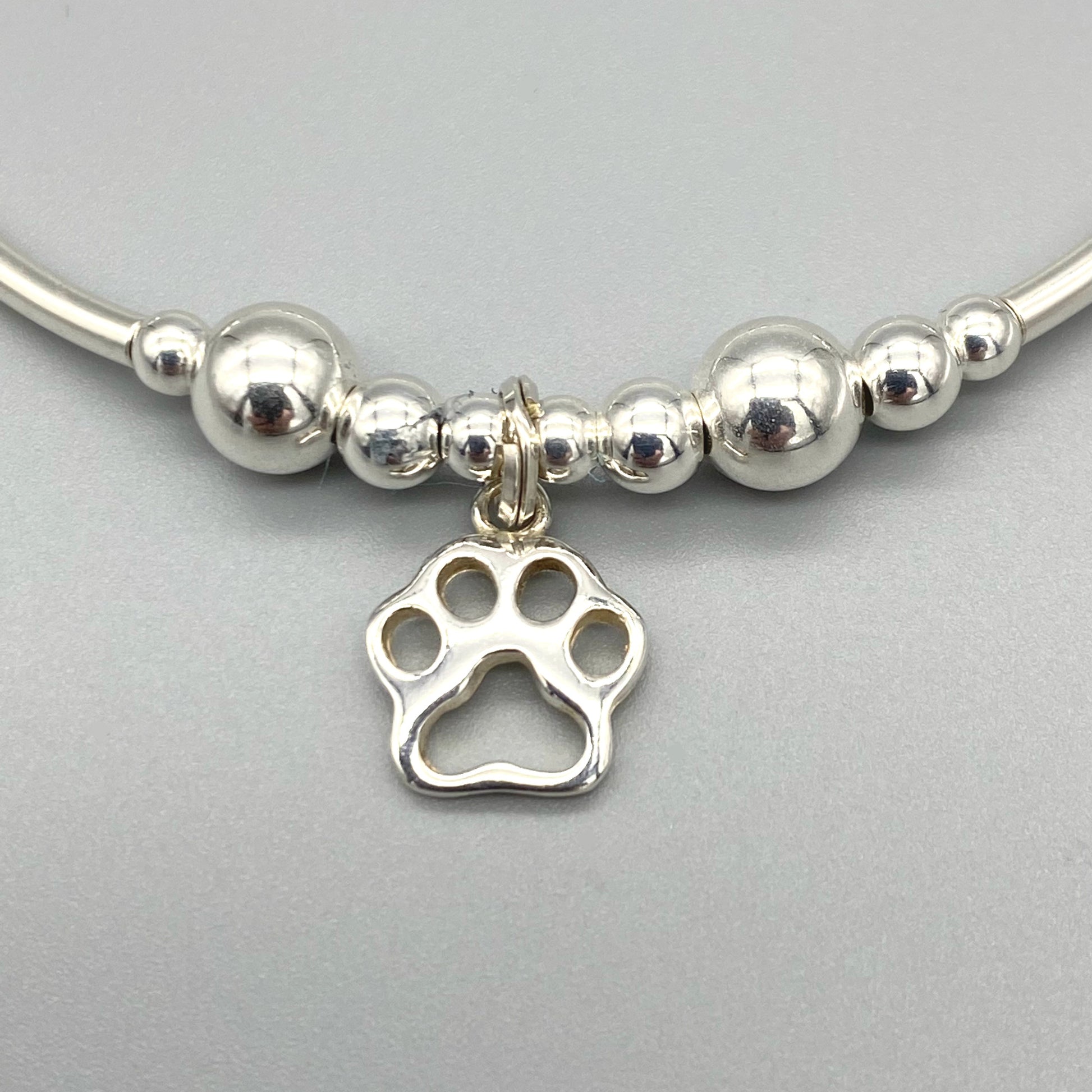 Closeup of Cat Paw Charm Women's Sterling Silver Stacking Bracelet by My Silver Wish
