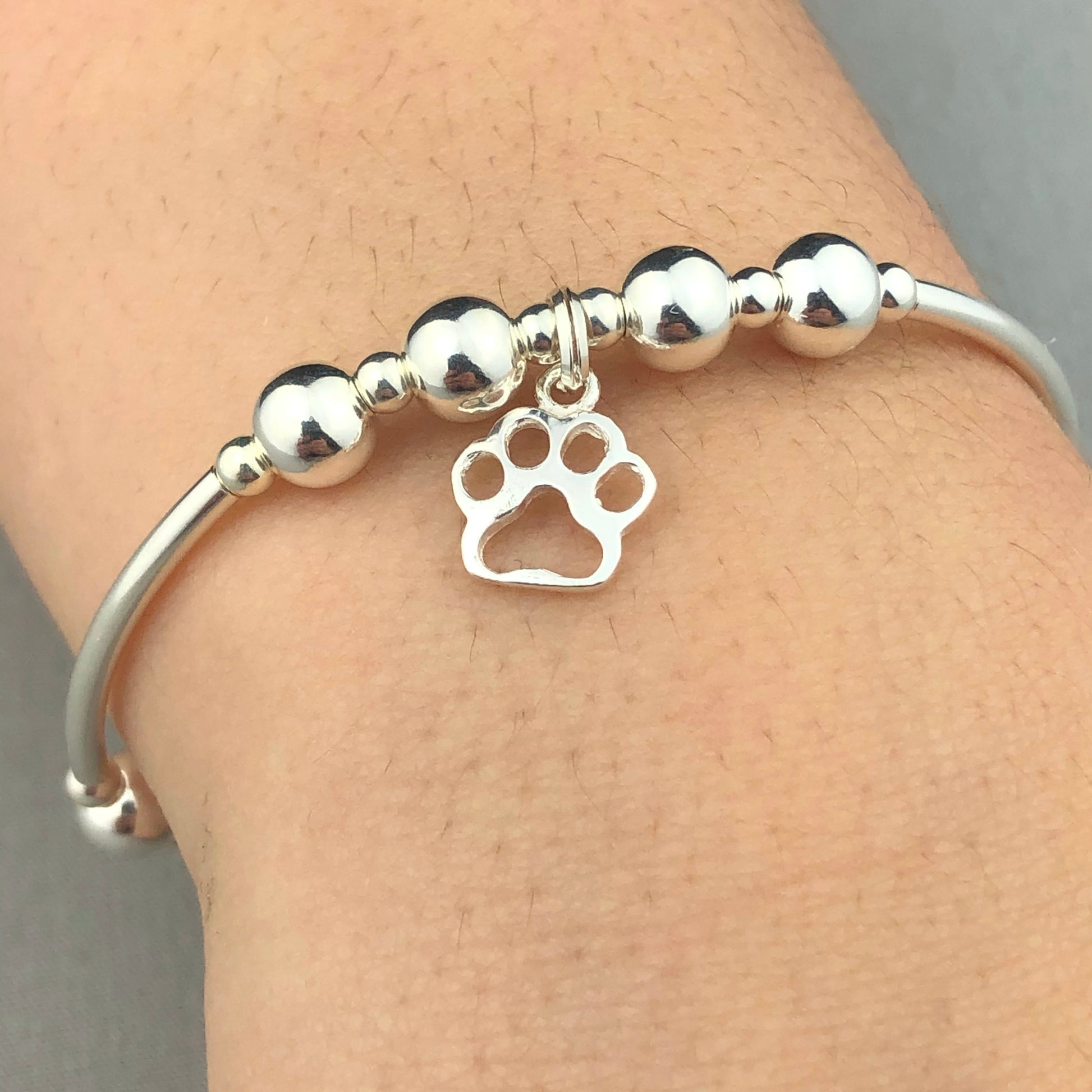 Cat Paw Charm Sterling Silver Stacking Bracelet for Her by My Silver Wish