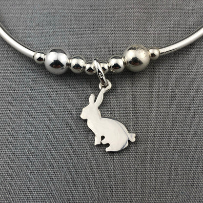 Closeup of Rabbit Charm Women's Sterling Silver Stacking Bracelet by My Silver Wish