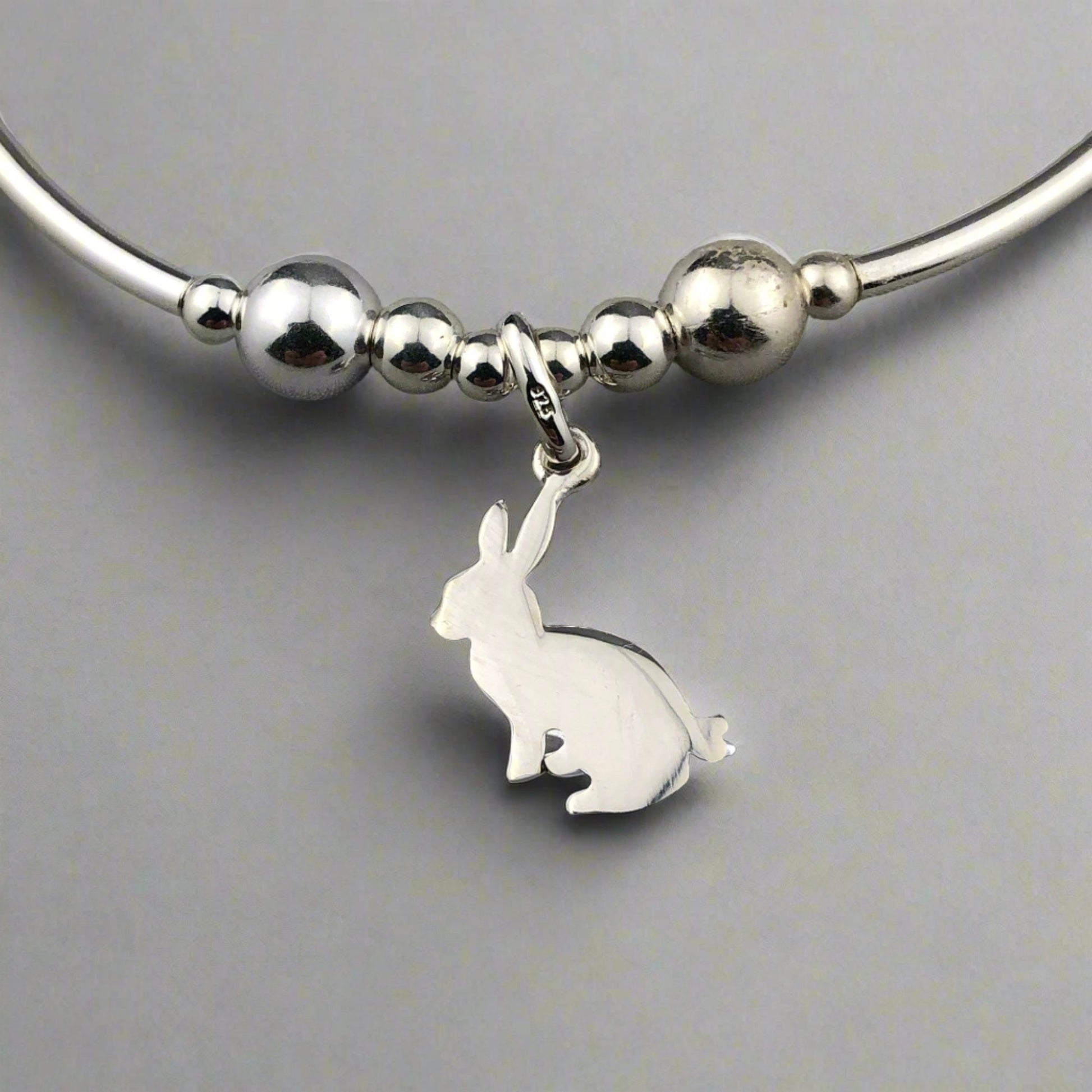 Closeup of Rabbit Charm Women's Sterling Silver Stacking Bracelet by My Silver Wish