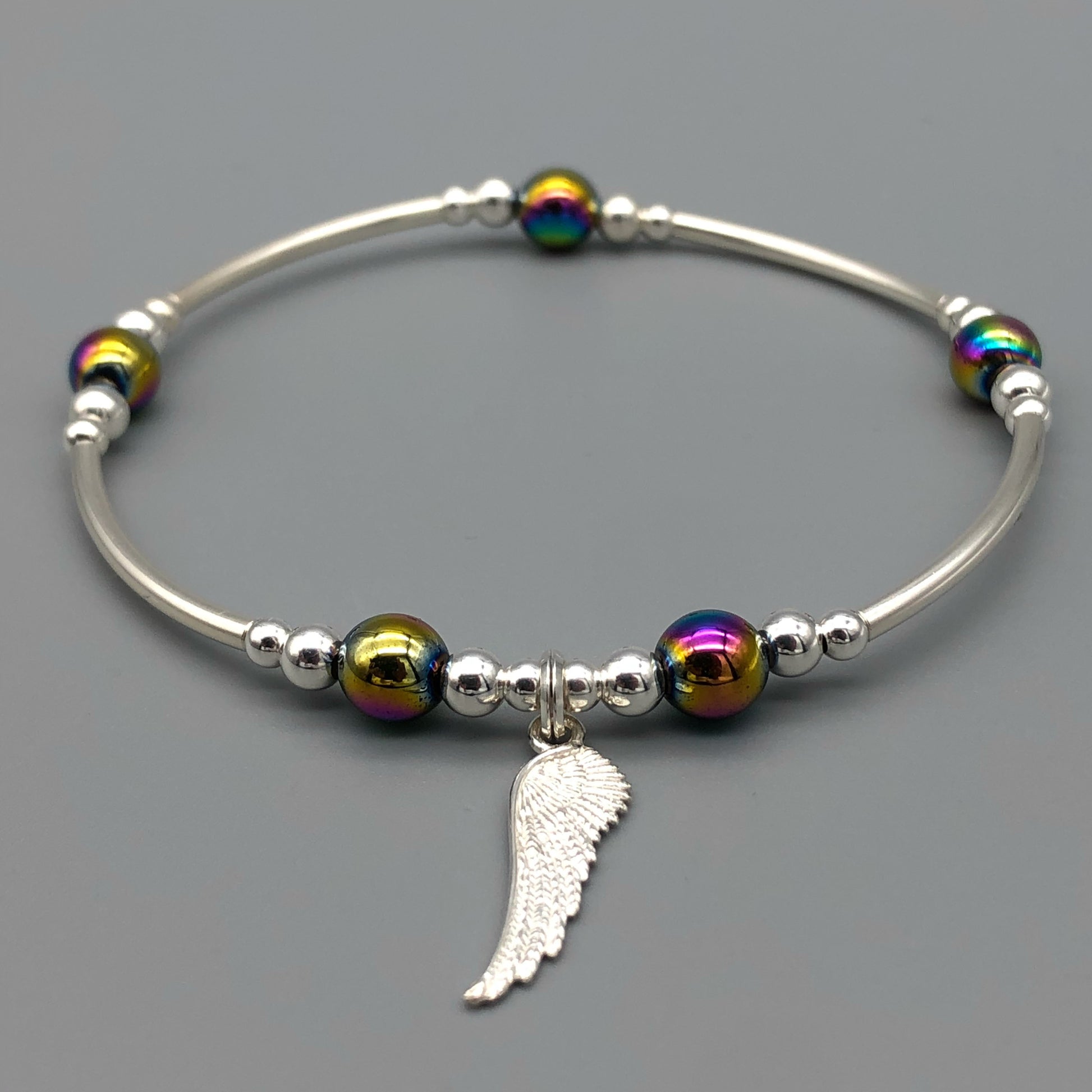 Angel wing charm & rainbow hematite sterling silver stacking bracelet by My Silver Wish