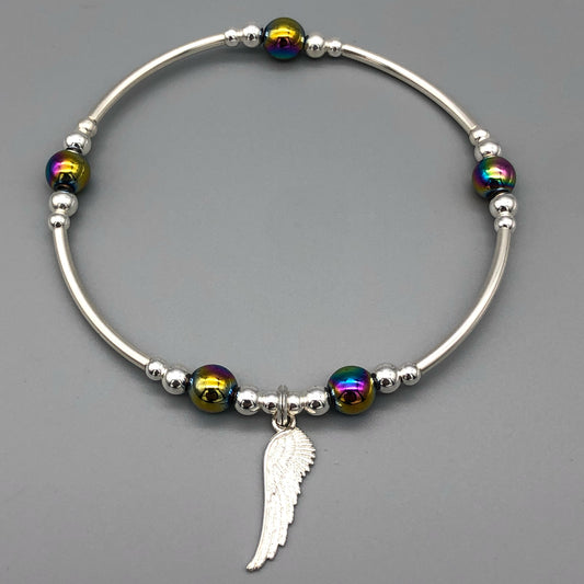 Angel wing charm & rainbow hematite sterling silver stacking bracelet by My Silver Wish