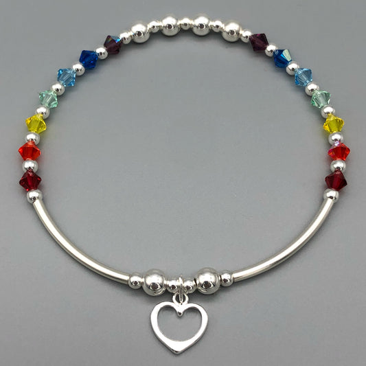 Heart Charm Rainbow Crystals Sterling Silver Women's Stacking Bracelet by My Silver Wish