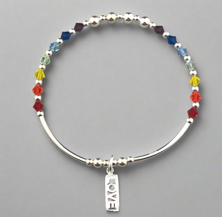 "Love" rainbow & sterling silver women's stacking charm bracelet by My Silver Wish