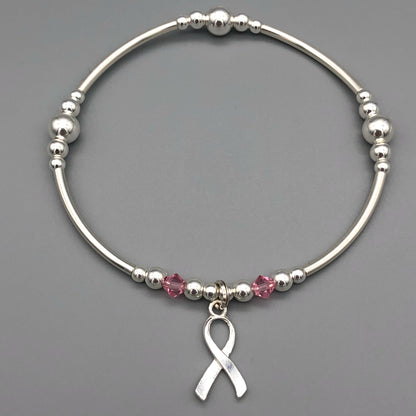 Breast Cancer Awareness Ribbon charm sterling silver women's stacking bracelet by My Silver Wish