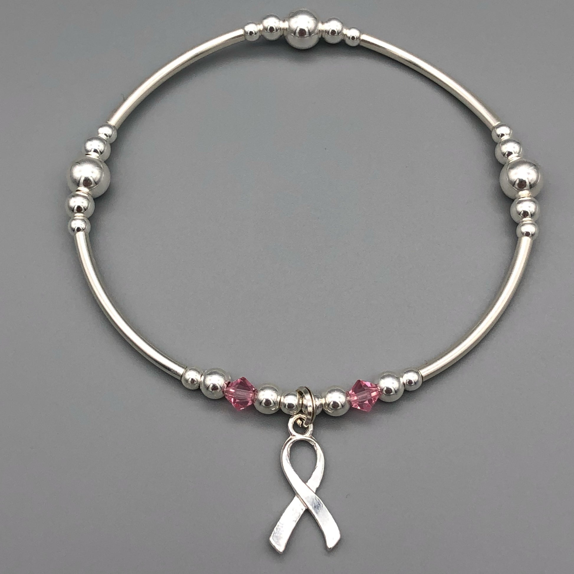 Breast Cancer Awareness Ribbon charm sterling silver women's stacking bracelet Standard 19cm