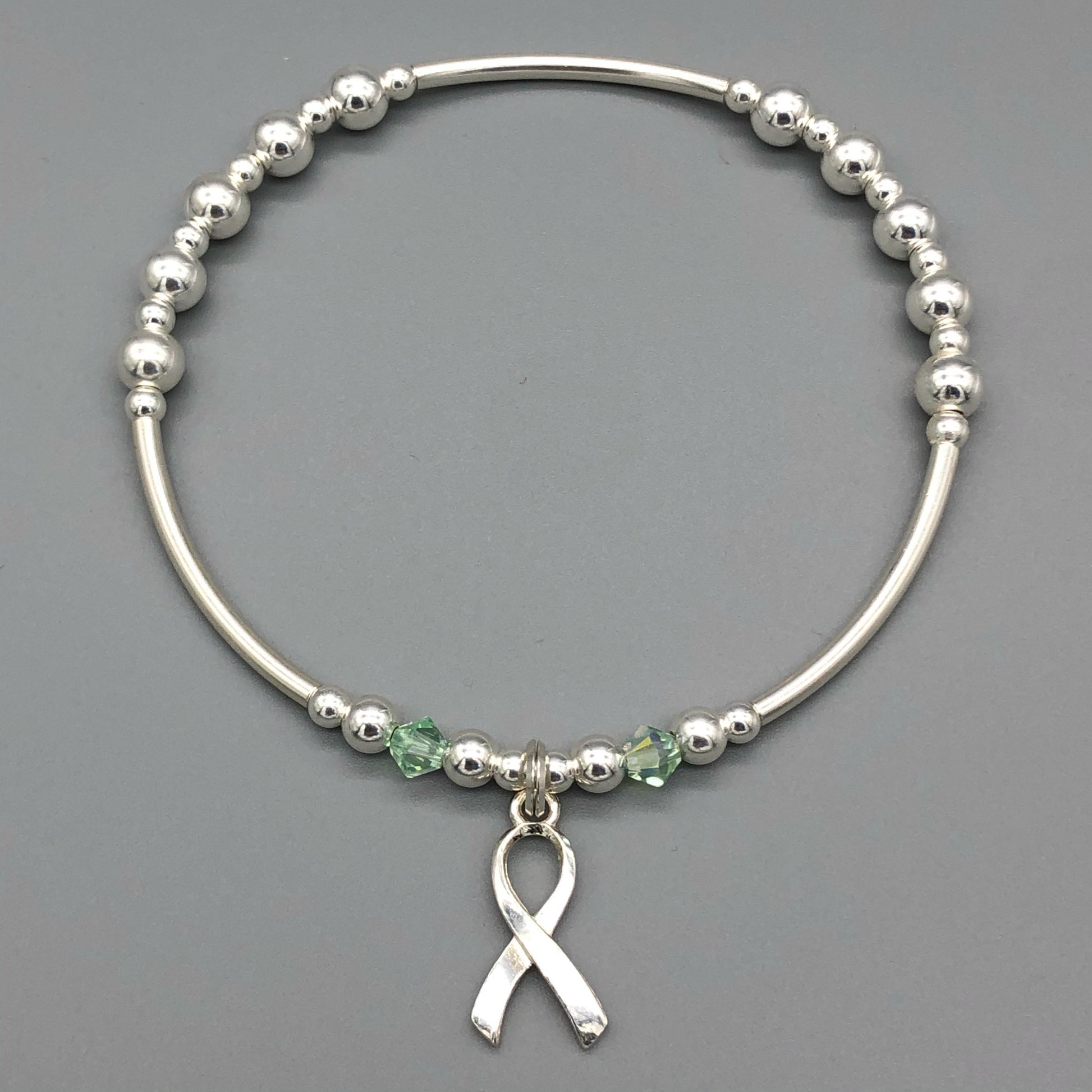 Mental Health Awareness ribbon charm sterling silver hand-made women's stacking bracelet by My Silver Wish