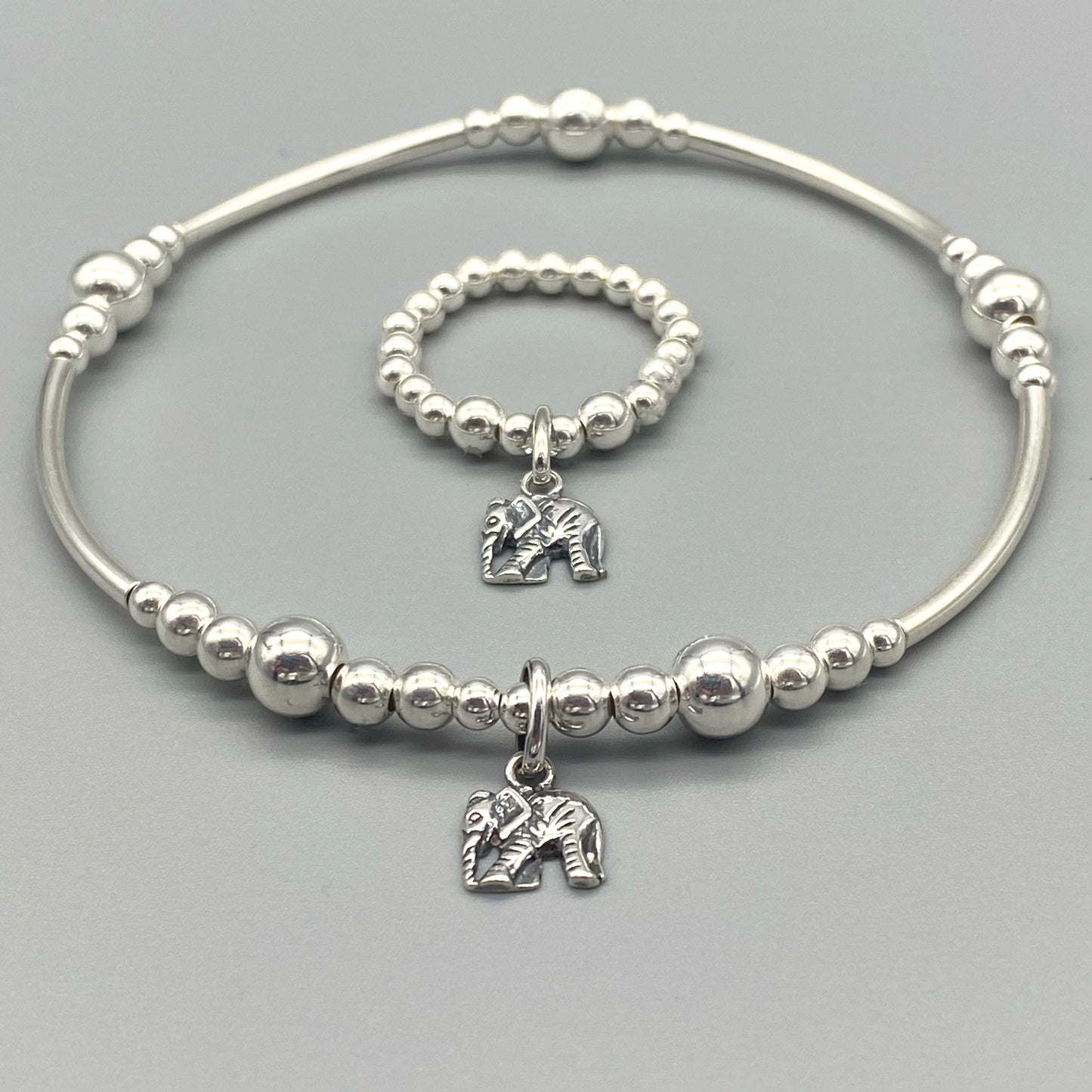 Elephant charm sterling silver women's stacking bracelet & stack ring set by My Silver Wish
