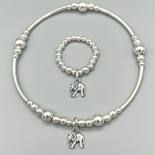 Elephant charm sterling silver women's stacking bracelet & stack ring set by My Silver Wish
