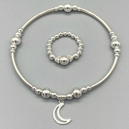 Moon charm sterling silver stacking bracelet & ring jewellery set for her by My Silver Wish