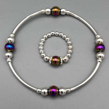 Rainbow hematite beaded sterling silver women's stacking bracelet & ring set