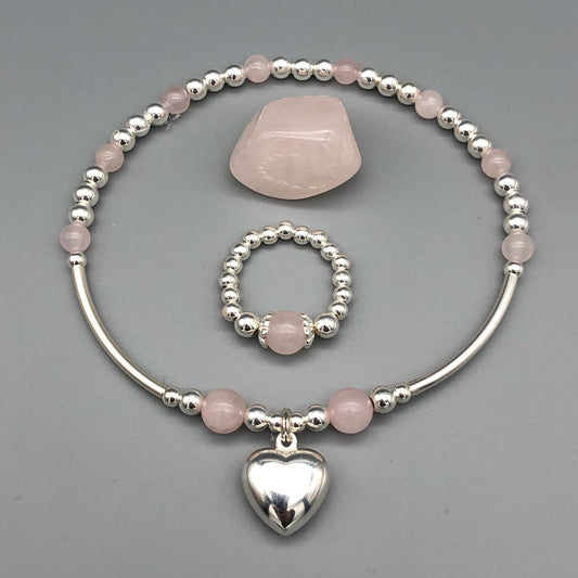 Heart charm sterling silver and rose quartz women's stacking bracelet & ring set