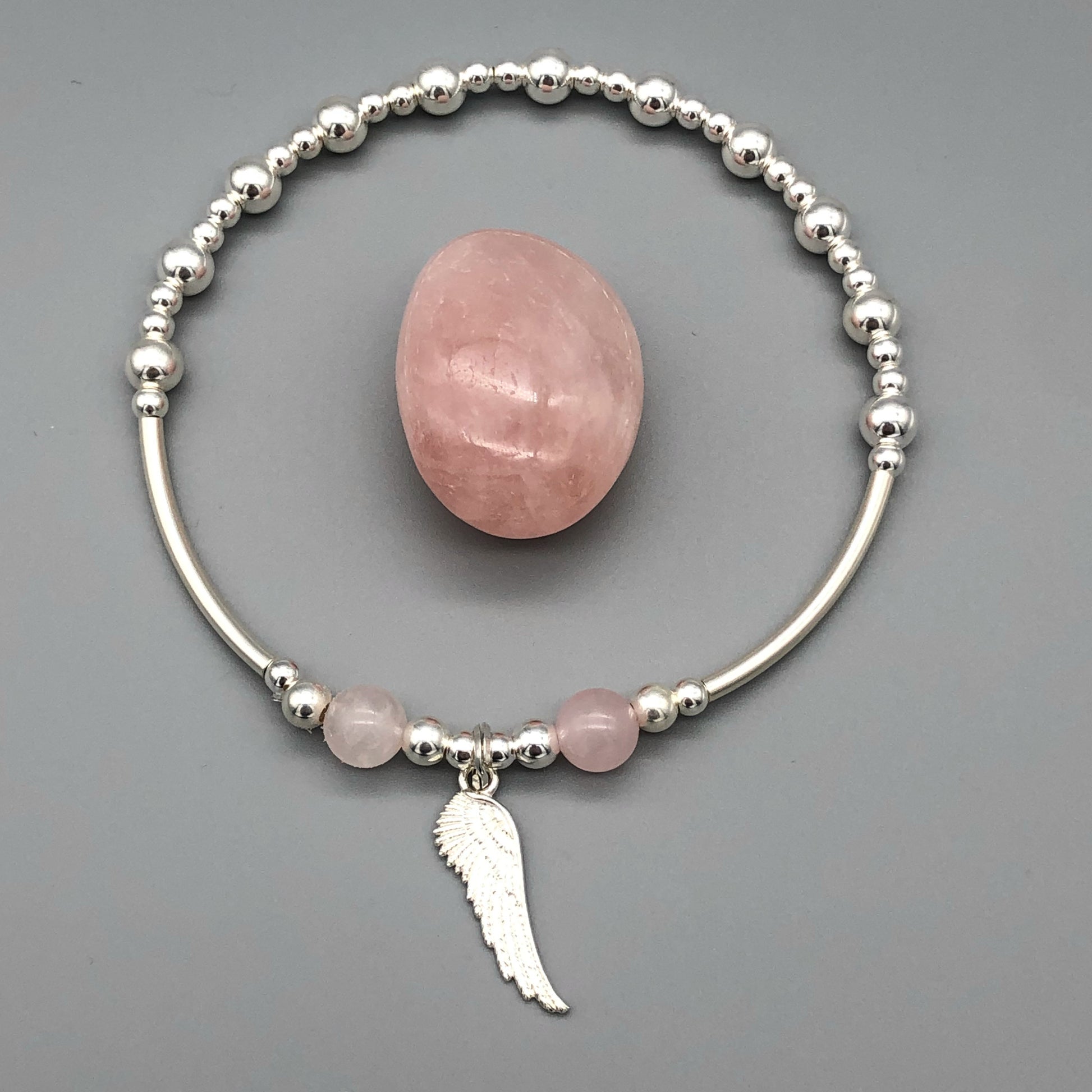 Angel wing charm & rose quartz sterling silver stacking bracelet by My Silver Wish