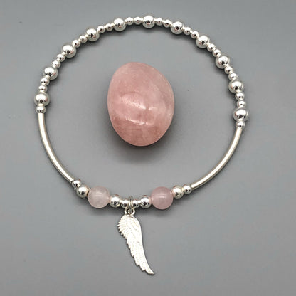 Angel wing charm rose quartz & sterling silver stacking bracelet by My Silver Wish
