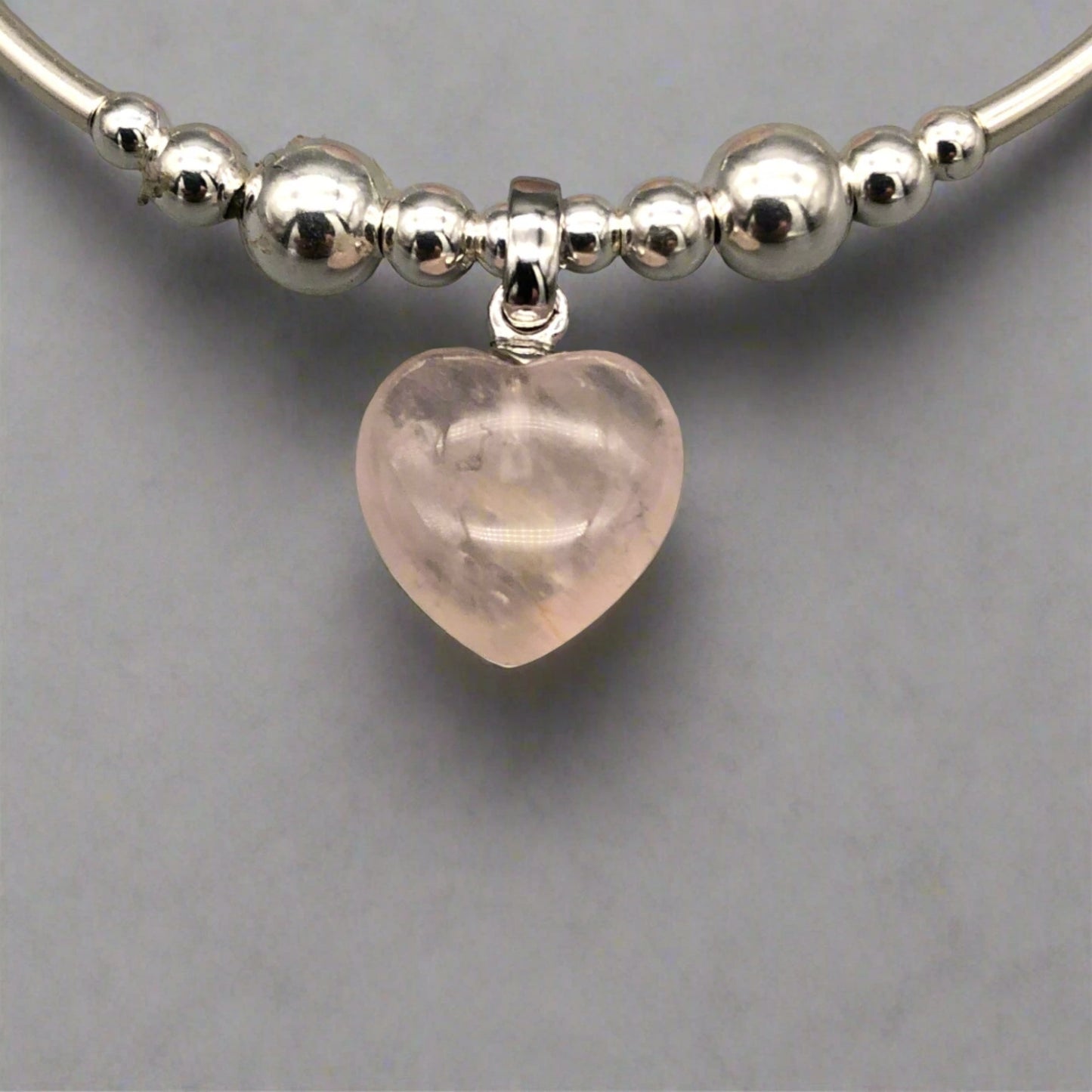 Rose quartz solid heart charm sterling silver hand-made women's stacking bracelet