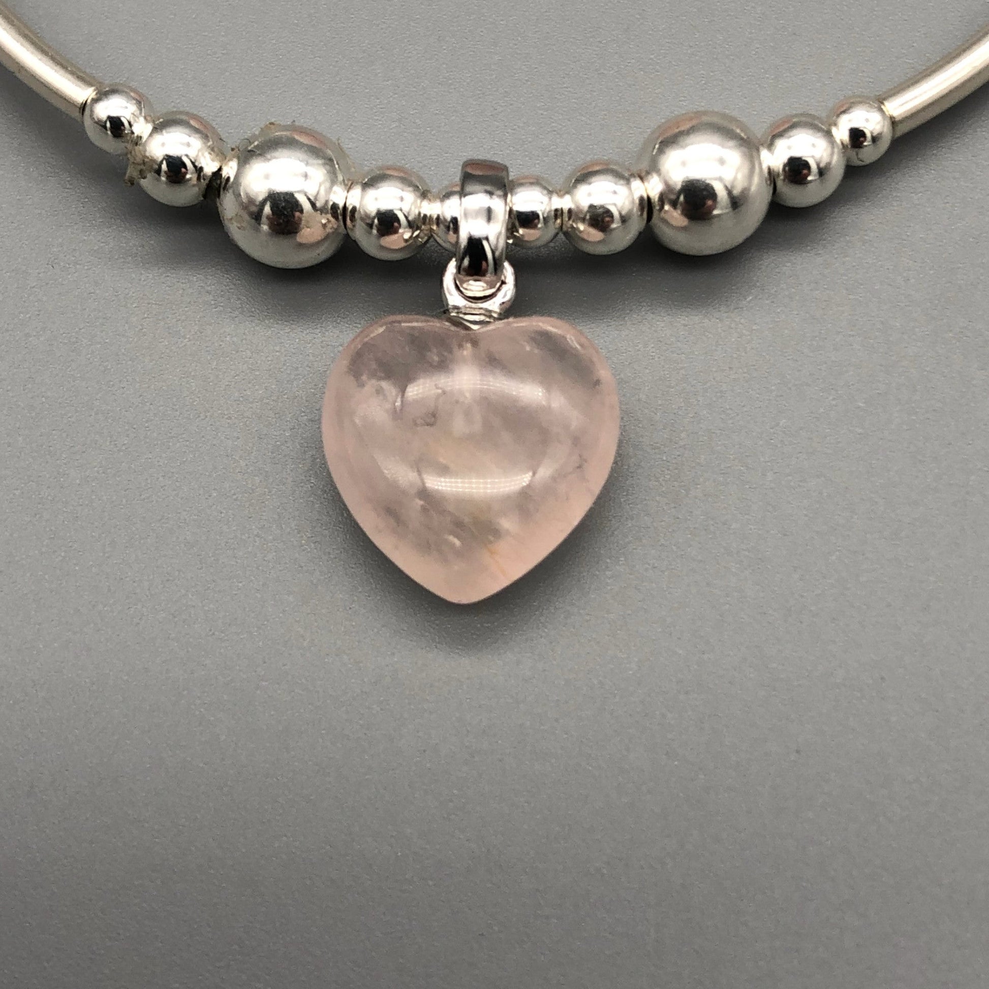 Rose quartz heart charm silver women's stacking bracelet by My Silver Wish