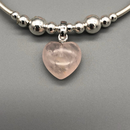 Rose quartz heart charm silver women's stacking bracelet by My Silver Wish