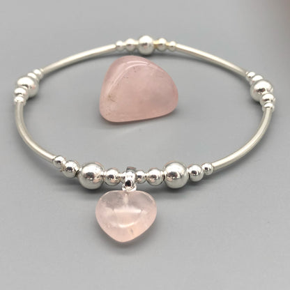 Rose quartz solid heart charm sterling silver hand-made women's stacking bracelet