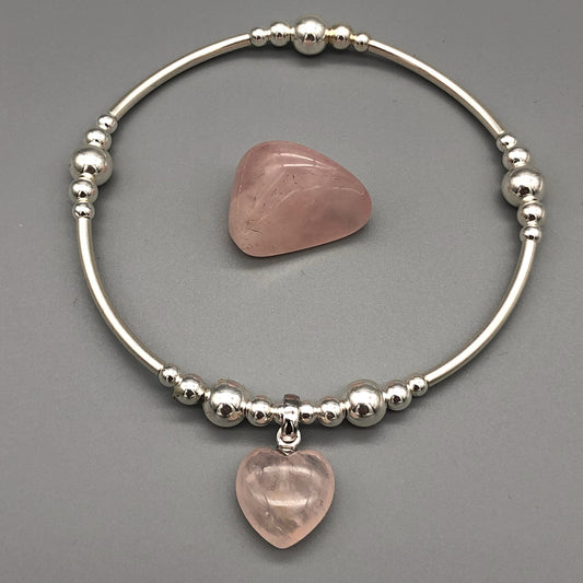 Rose quartz solid heart charm sterling silver hand-made women's stacking bracelet