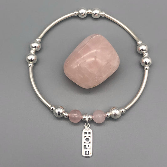 "Hope" rose quartz healing crystal women's silver stacking charm bracelet by My Silver Wish